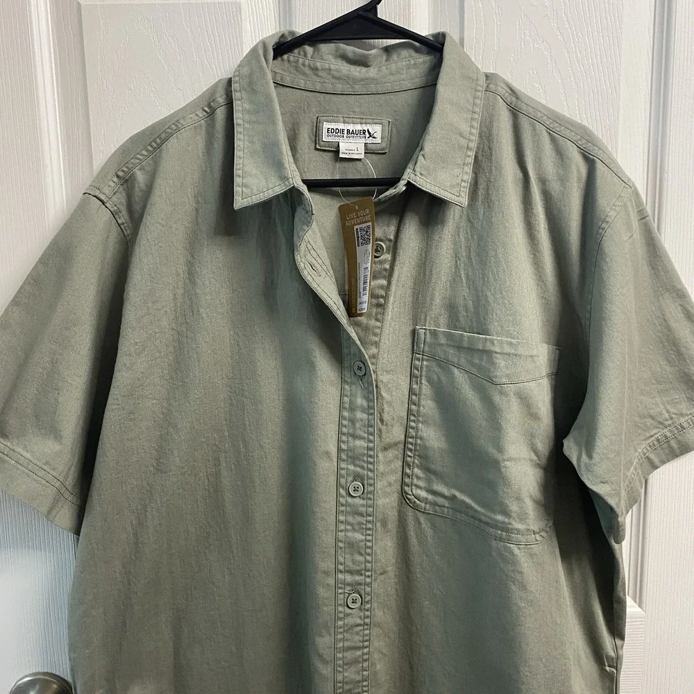 Eddie Bauer Womens 100% Cotton Dress‎ Sage Green/Button Front/Short Sleeve L NWT